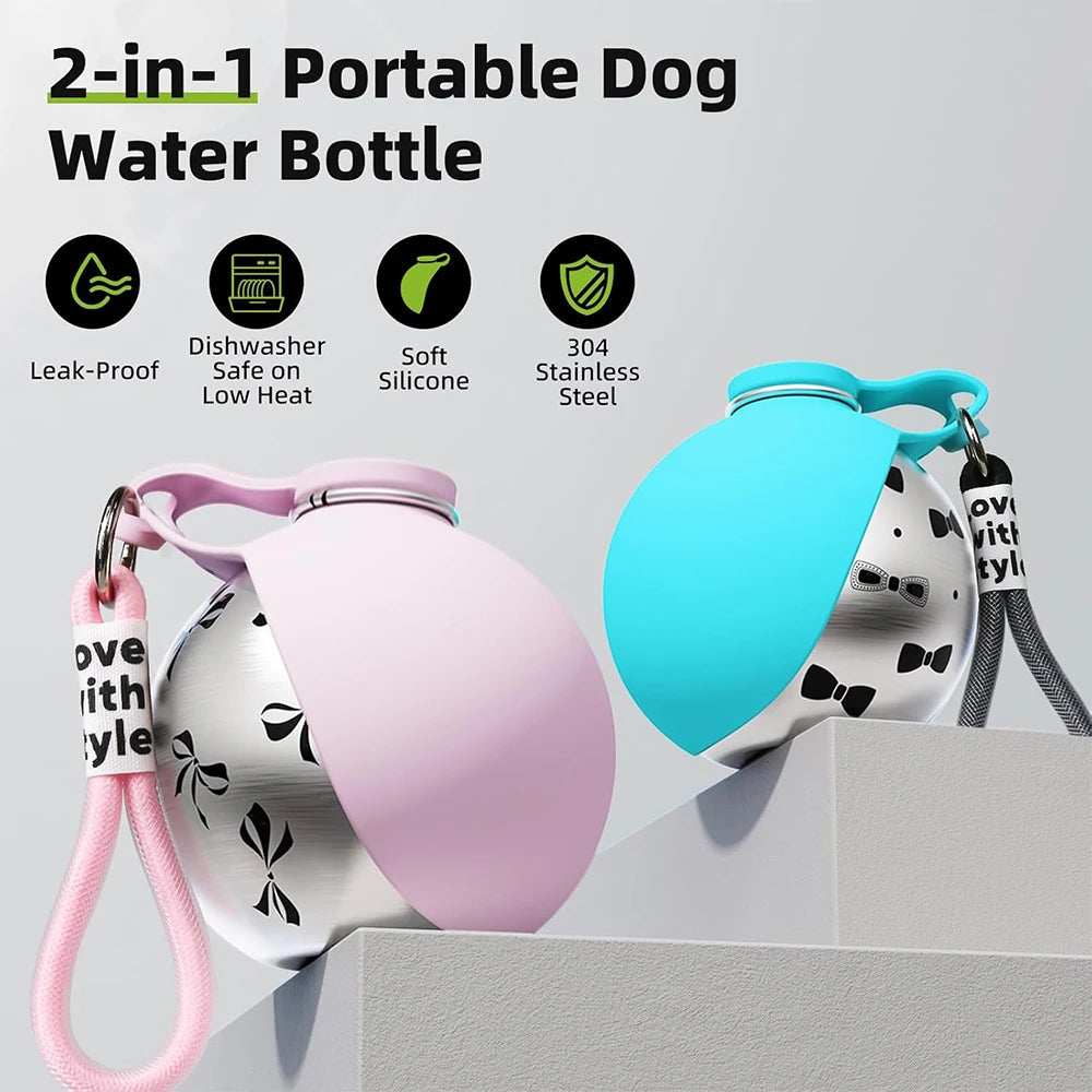 2 in 1 Portable Dog Water Bottle - 10oz Stainless Steel No-Spill Travel Pet Water Dispenser with Silicone Bowl