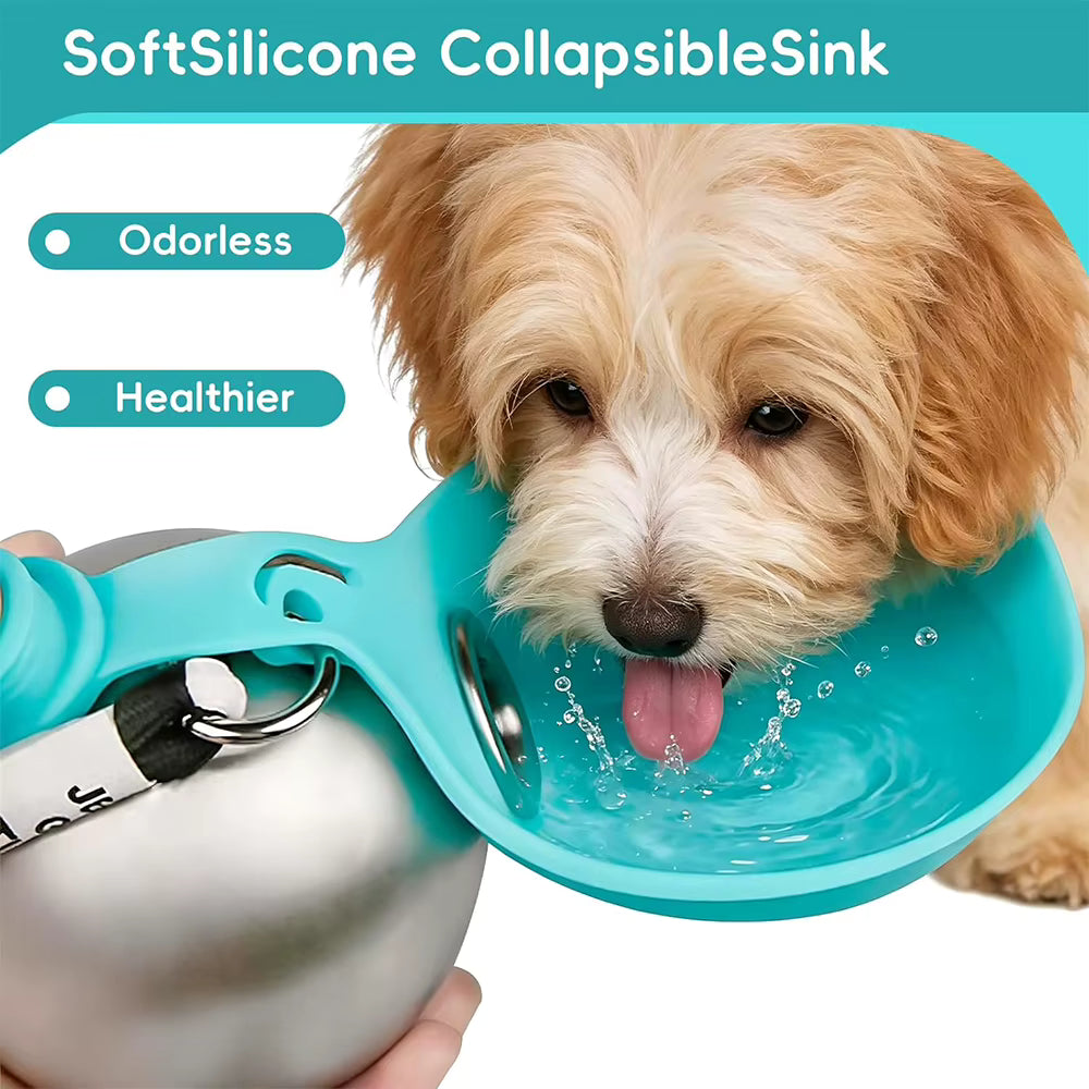 2 in 1 Portable Dog Water Bottle - 10oz Stainless Steel No-Spill Travel Pet Water Dispenser with Silicone Bowl