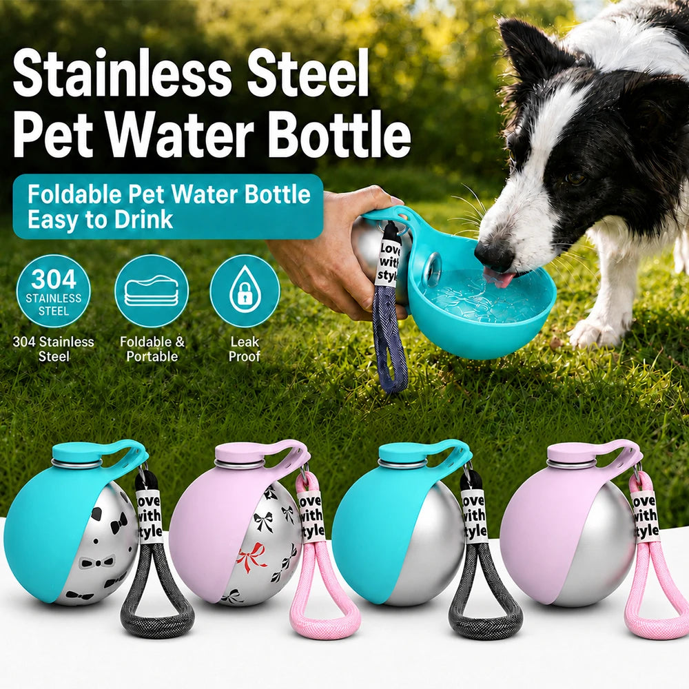 2 in 1 Portable Dog Water Bottle - 10oz Stainless Steel No-Spill Travel Pet Water Dispenser with Silicone Bowl