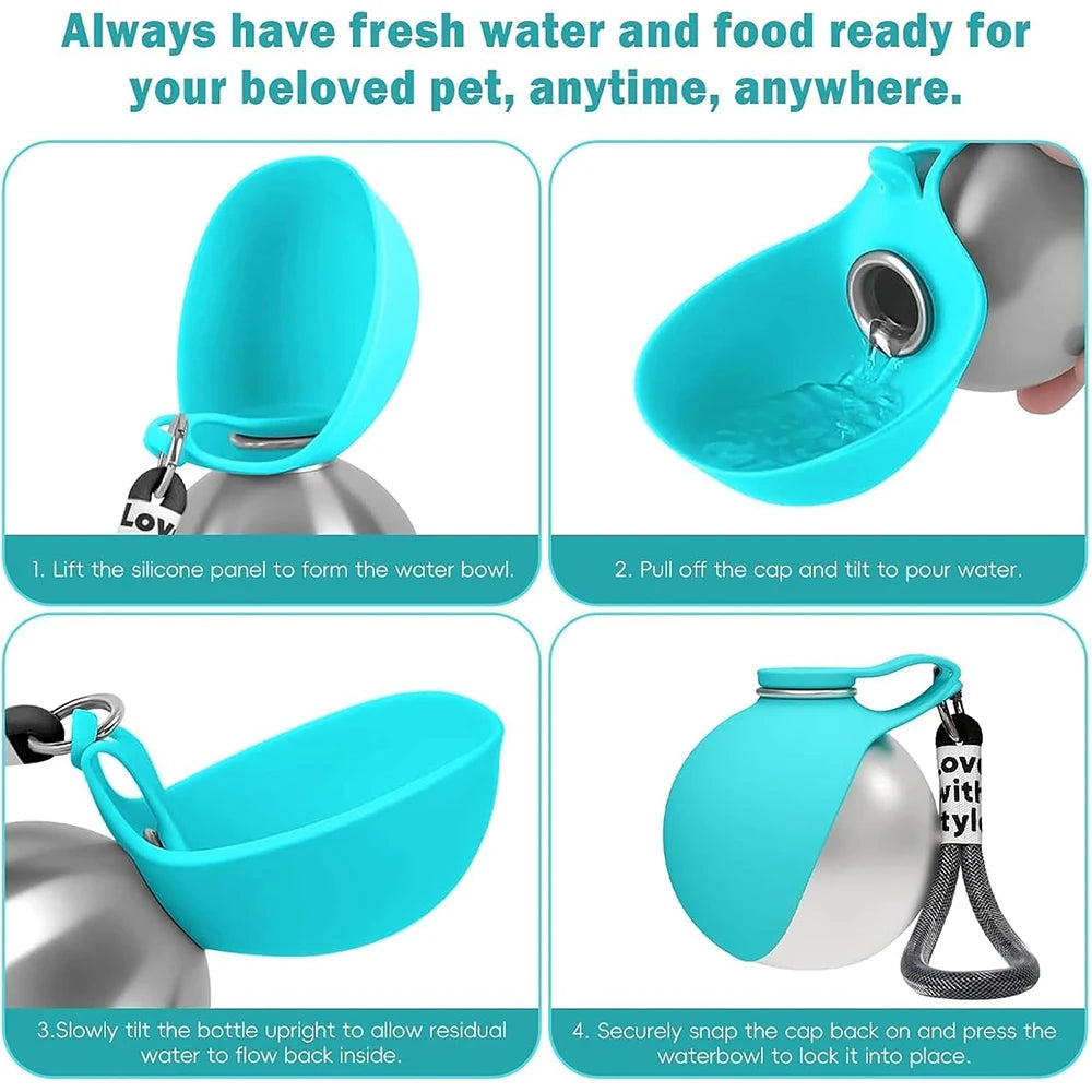 2 in 1 Portable Dog Water Bottle - 10oz Stainless Steel No-Spill Travel Pet Water Dispenser with Silicone Bowl