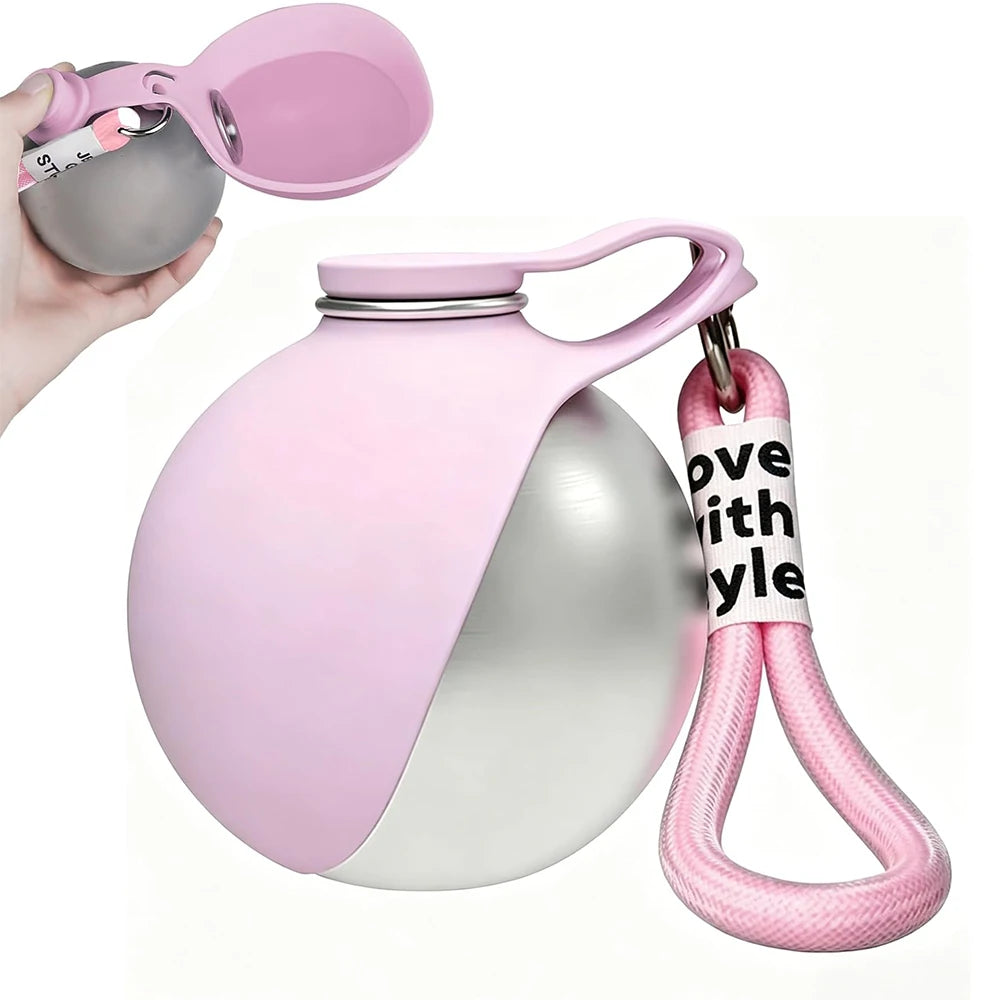 2 in 1 Portable Dog Water Bottle - 10oz Stainless Steel No-Spill Travel Pet Water Dispenser with Silicone Bowl